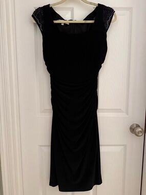 Evan Picone Black Ruched Midi Dress with Cap Sleeves